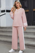 Varsity Stripe Contrast Collar Drop Shoulder Pullover And Drawstring Wide Leg Pant Set